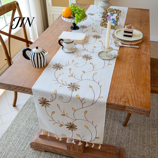 Floral Embroidery Table Runner Embroidered Runner, Elegant Dining Cover, White Rustic Durable for with Tassels Home Wedding Bridal Shower Decor