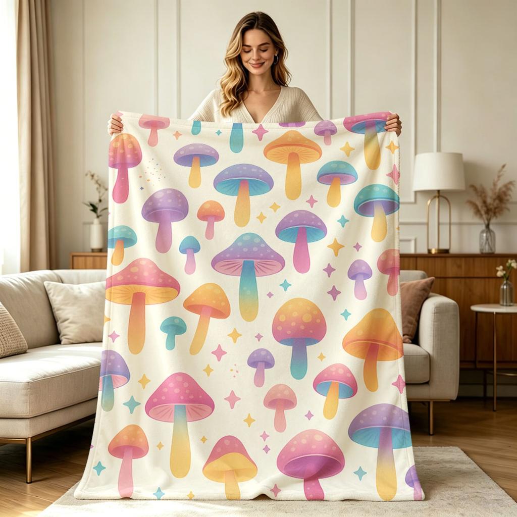 Soft Flannel Mushroom Print Blanket for All Season Warm Cozy Throw Blanket for Couch Sofa Bedroom Office Living Room Lightweight Decorative Travel Bla