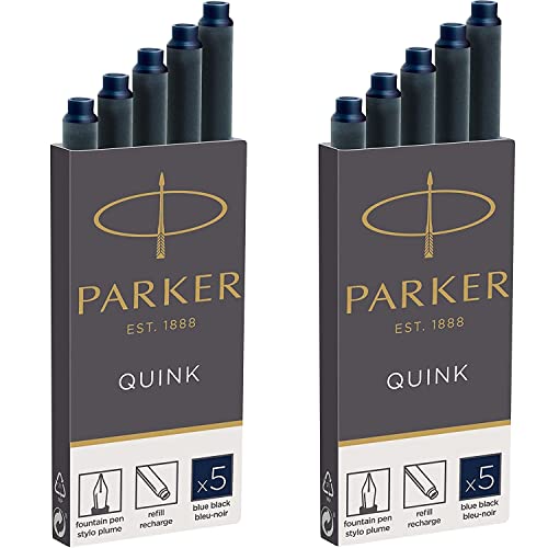 Fountain Pen Ink Cartridge, PARKER, Quink Blue-Black, 1950385, Set of 2 Boxes (5 Cartridges Each)
