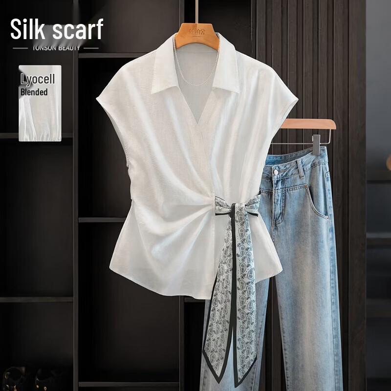 Women s Lyocell Lapel Tie-Waist Blouse M