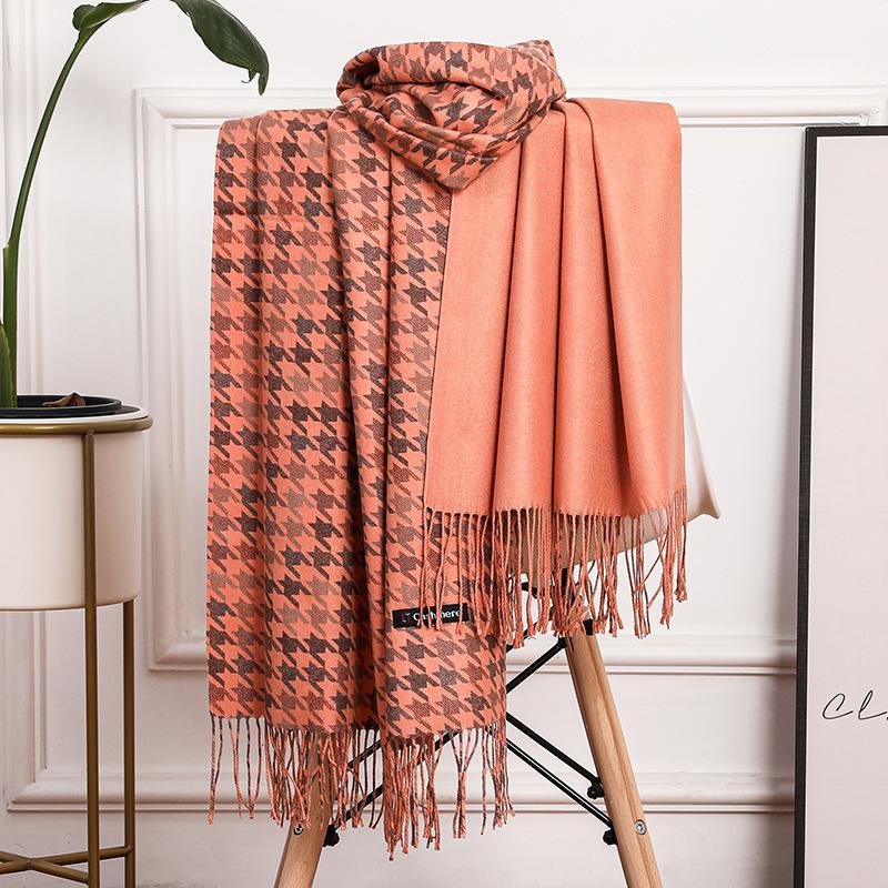 Cashmere Scarf Women's Winter Warm Fringed Shawl Men's Autumn and Winter Wool Scarf Imitation Cashmere Houndstooth Scarf