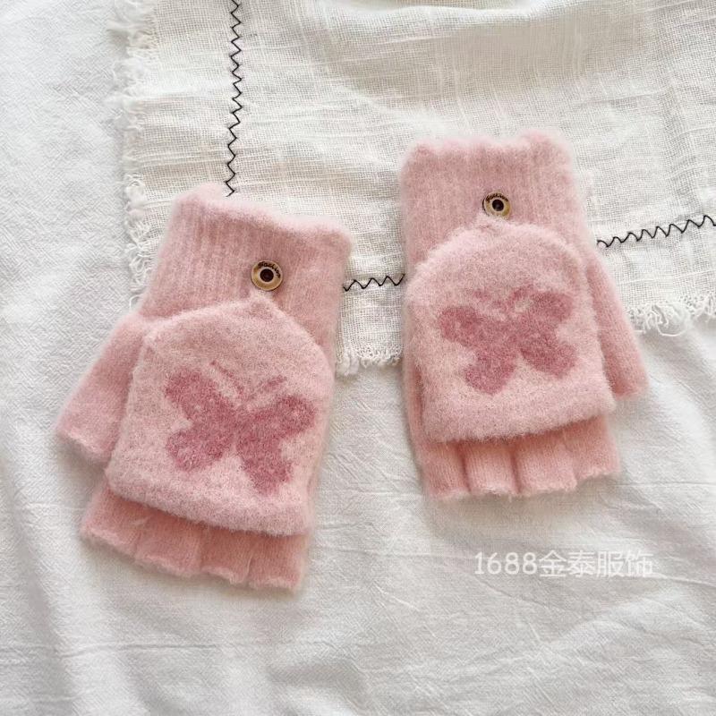 Bow Flip-top Knitted Gloves, New Plush Thickened Cold-proof Cartoon Warm Student Finger Versatile