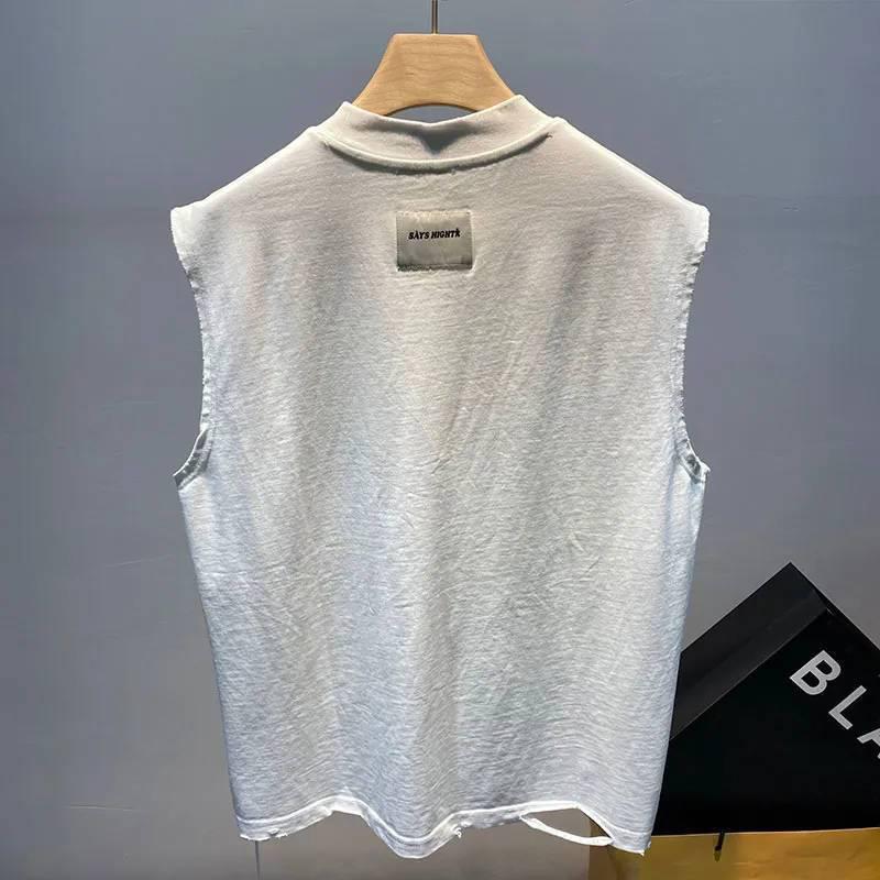 Summer Ripped Hole O Neck Men Tank Top Fashion Personality Casual Oversized T Shirt Clothing Sports Daily Street Black White
