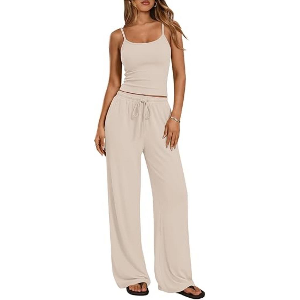 Women's Loose Fit Two-piece Loungewear Set Sleeveless Spaghetti Strap Camisole Drawstring High Waist Wide Leg Pants Matching Tracksuit