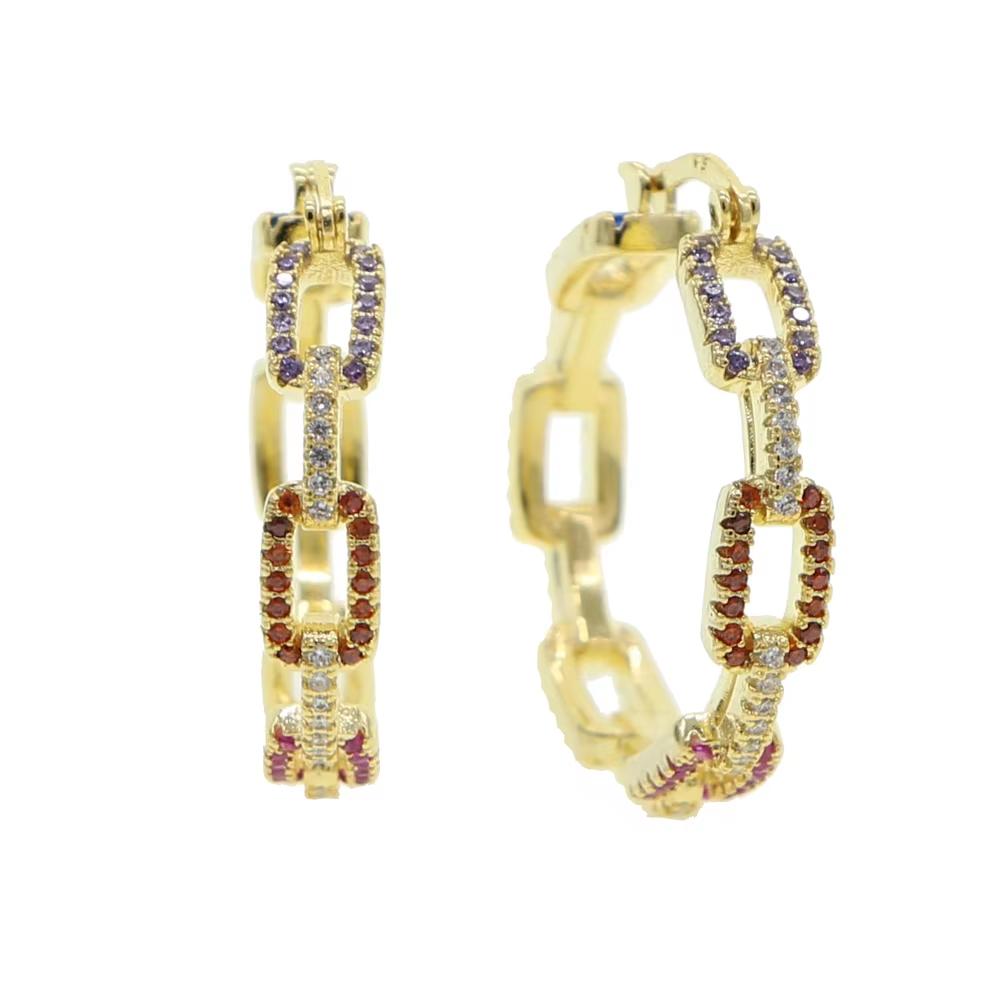 New Gold Plated White Rainbow Cubic Zirconia Open Link Chain Shape Hoop Earring