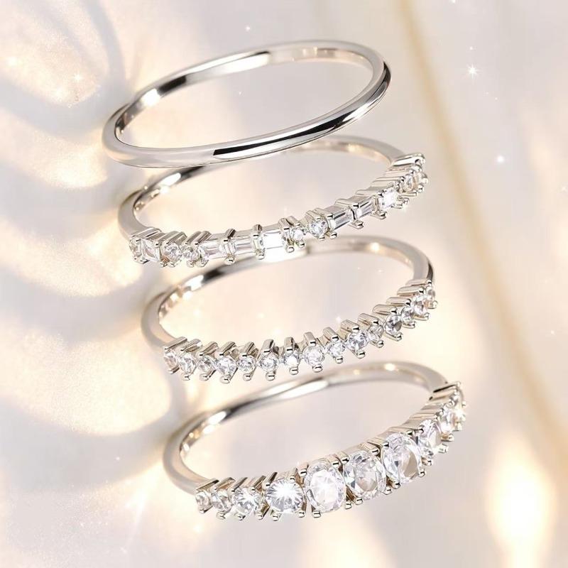 Four-piece Set of Exquisite and Elegant Timeless Silver-plated Rings, Inlaid with Sparkling Luxurious Synthetic Zircon, Perfect for Engagement and