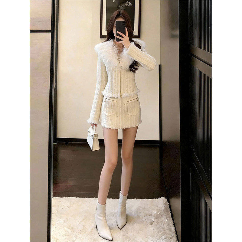 Korean Version of Qianjin Style High-end Two-piece Set for Women's Spring and Autumn Xiaoxiangfeng Design Fur Collar Jacket Skirt Set