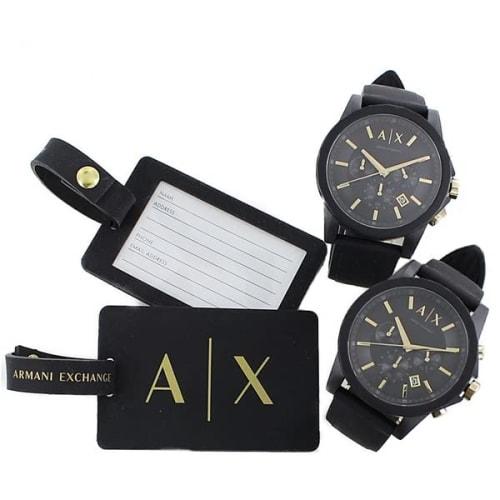 A|X Armani Exchange Pair Watches AX7105 (Black, Rubber Strap) with Storage Box for Men and Women, Gift Box, Travel Tag, and Name Tag