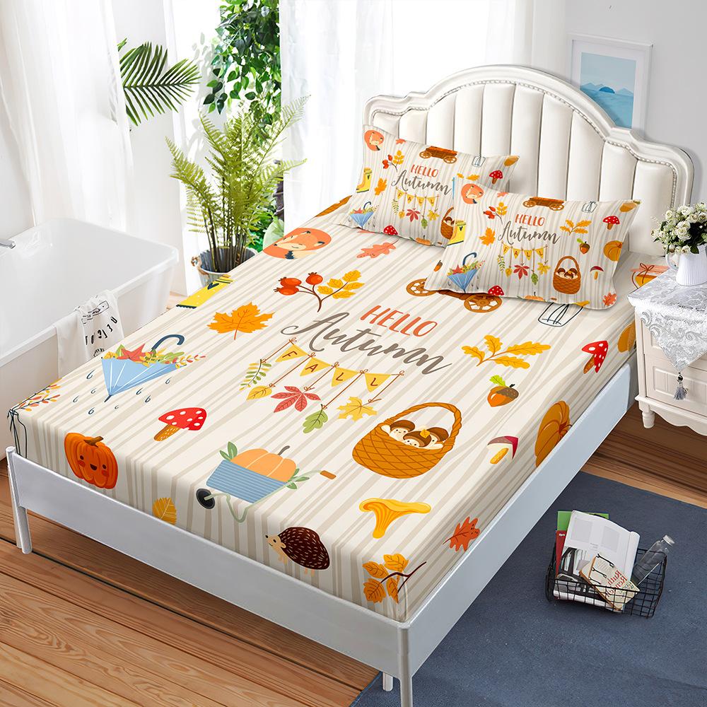 Sheet Three-Piece Bedspread Pillowcase Little Fox Pumpkin Thanksgiving Mattress Protective Cover