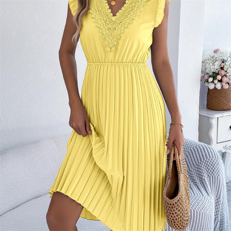 2026 Spring/Summer Women's Lace V-neck Black Ear Edge Waist Pleated Dress S-XL