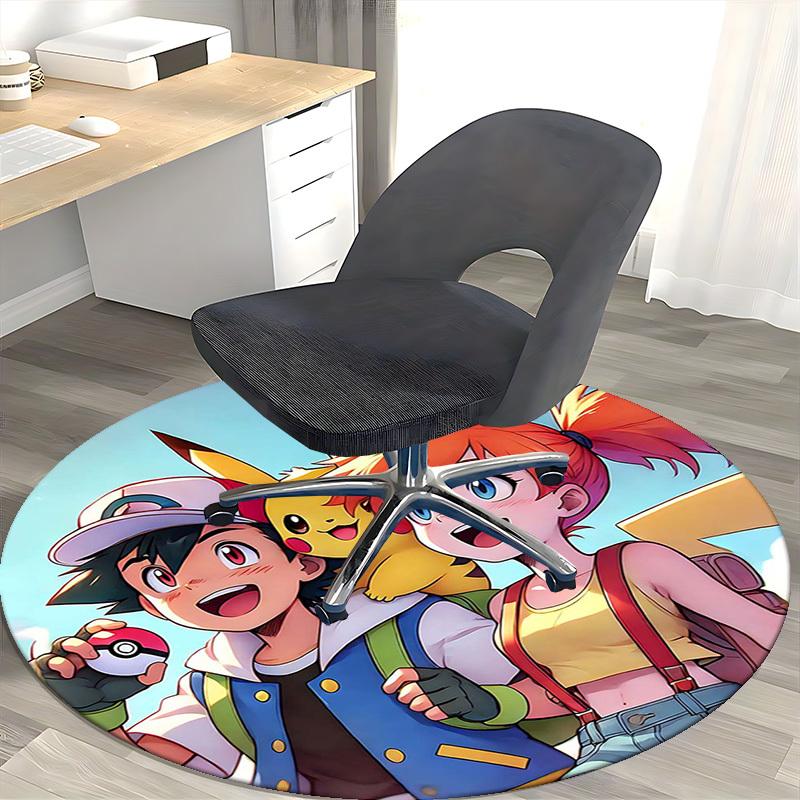 1 Stück Pokémon Pikachu & Trainer Runder Teppich - Anime Design Stuhlmatte, Bürogeschenk, Saisonale Dekoration, Geeignet für Zuhause, Wohnzimmer