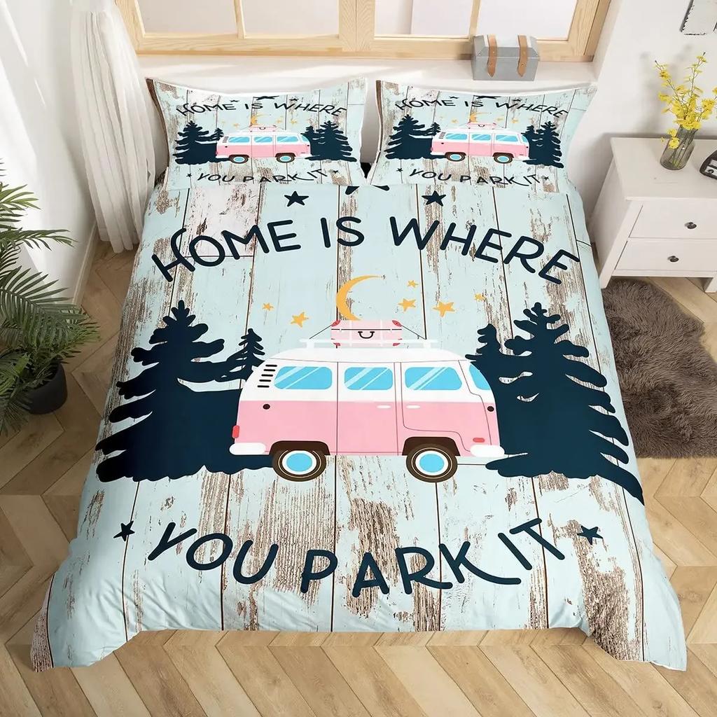 Happy Camping Duvet Cover Set Cartoon Camping Car Bedding Set Microfiber Camper Comforter Cover Queen Size for Kids Boys Girls