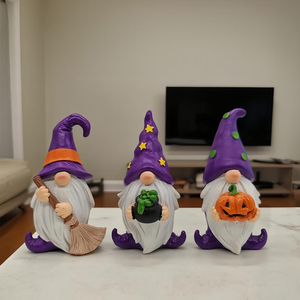 3PCS Halloween Dwarf Resin Gnomes Crafts Halloween Dwarf Statues Ornaments Party Decorations For Workplace Holiday Table Window