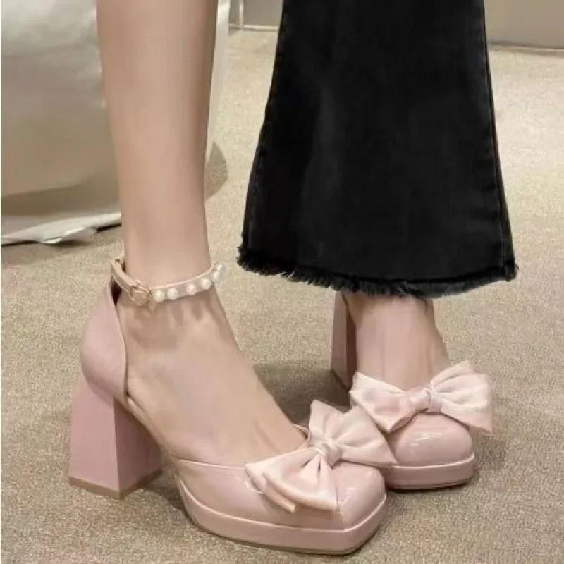 Fashionable French Style Women's Flats Solid Color 2025 New Arrival Bow Design High Heel Sandals Skirt Summer Accessory