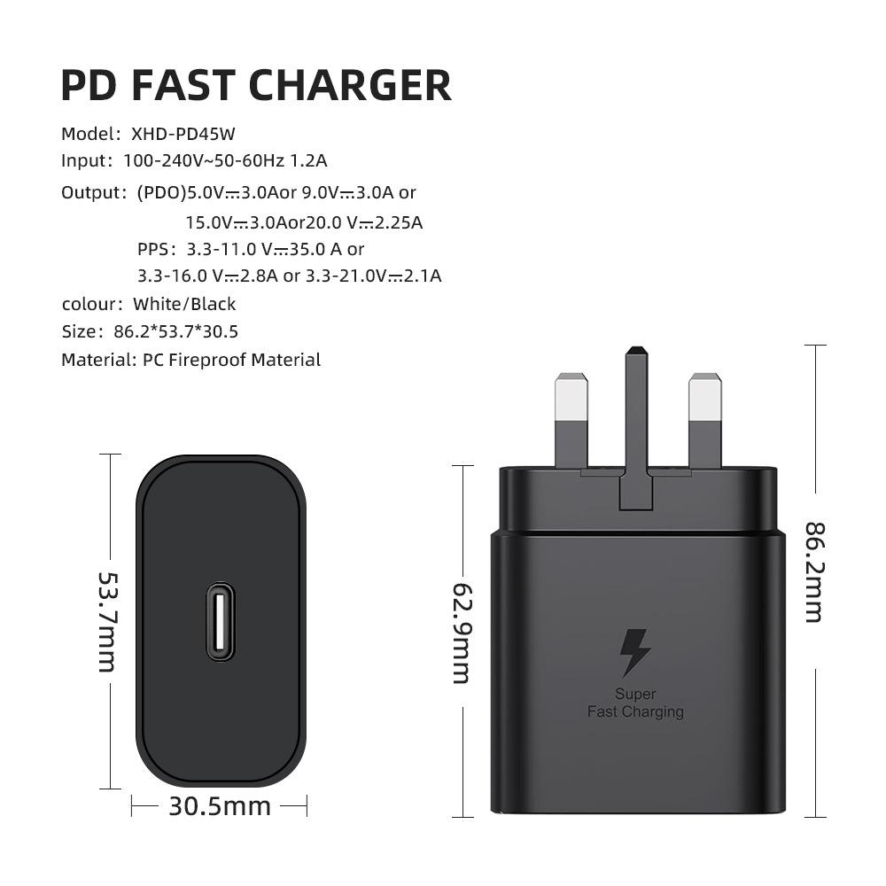 Încărcător Samsung PD45W, cap de încărcare reglementat în Marea Britanie, potrivit pentru încărcătorul Samsung S22s21s20 și Apple