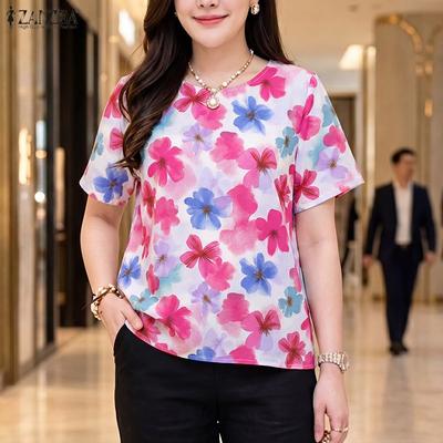 Women Casual Round Neck Floral Print Short Sleeve Blouse