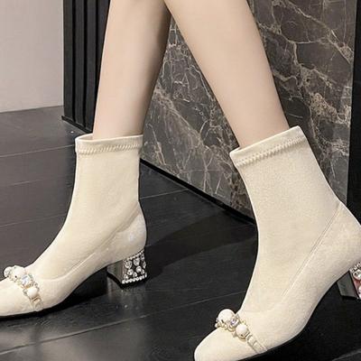 Skinny Short Boots Women's 2025 New Autumn and Winter Rhinestones Sweet Thick Heel High Heel Velvet Elastic Thin Boots Martin Boots