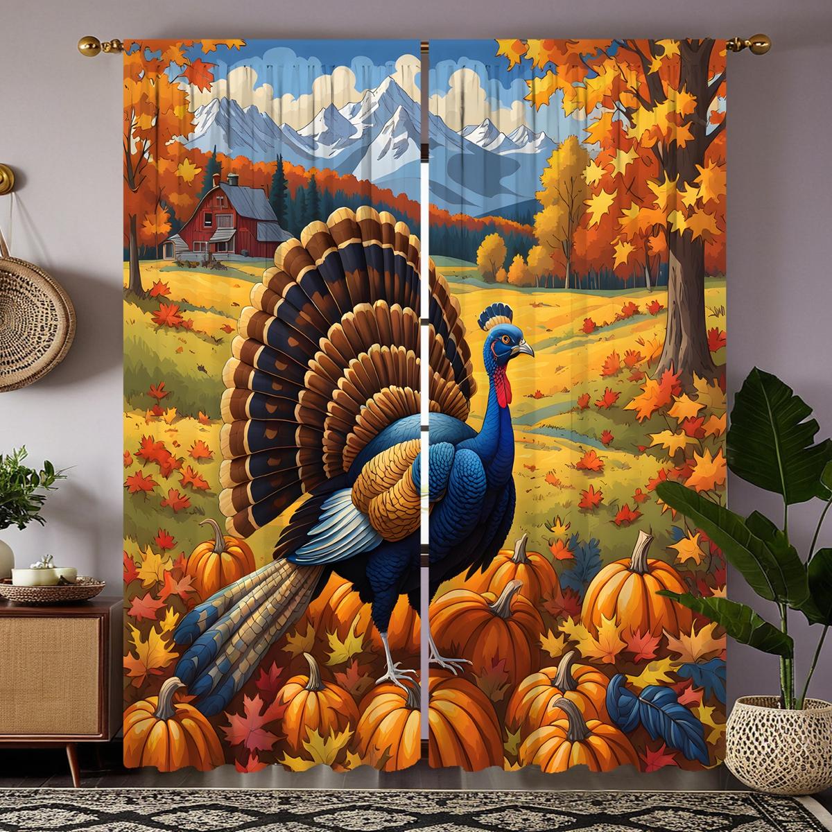 

Комплект из 2 предметов HD Harvest Festival Garden тыква кленовый цветок павлин декоративная занавеска Желтая завязка цифровая печать занавеска Дом d W52H63inchW132H160cm