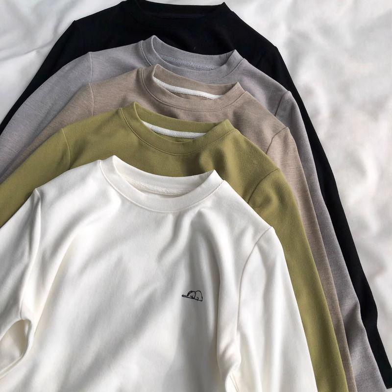 Dámský sametový top s dlouhým rukávem s výšivkou slona - Kulatý výstřih, Volný střih