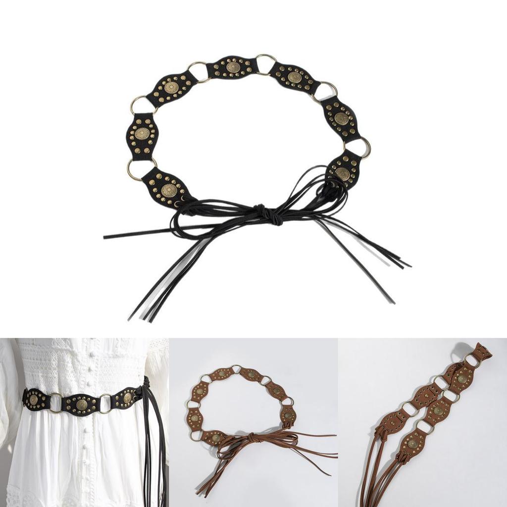 Bohemian Faux Suede Waistband With Rivet Detailing And Knot Closure For Vintage Festival Looks