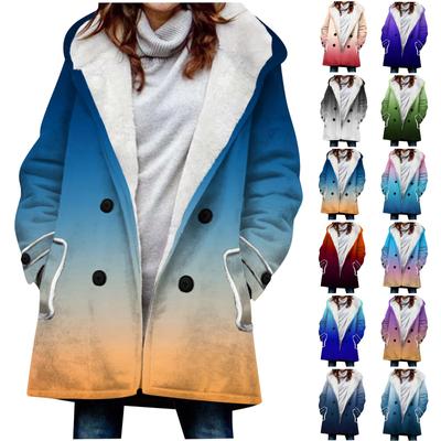 Women's Large Jacket With Warm And Plush Gradient Printed Hooded Button Jacket With Pockets