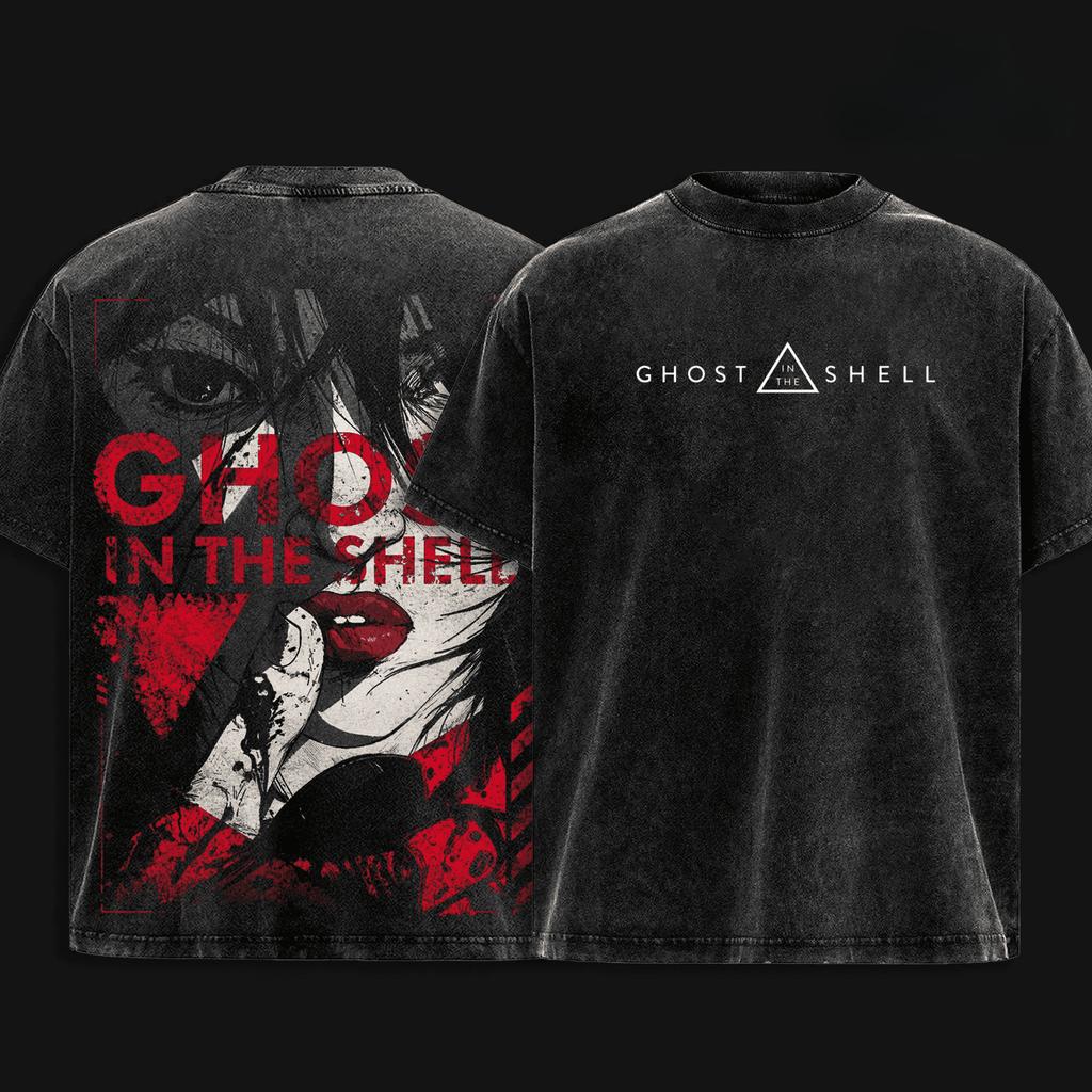 Ghost in the Shell Anime T-shirt Harajuku Vintage Washed T Shirt Casual Loose Short Sleeve Cotton Tees Streetwear Men Clothing