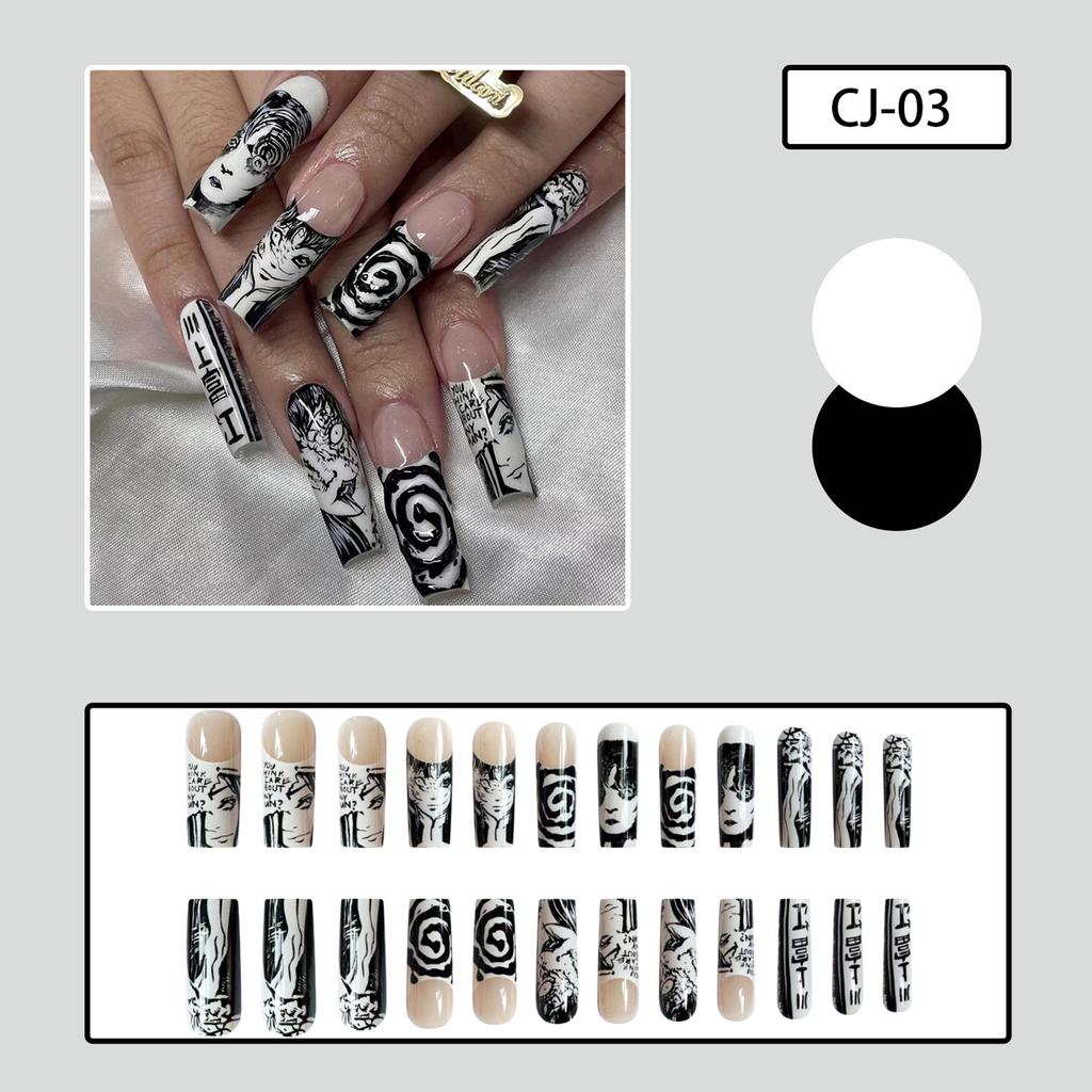 Black & White Manga Fake Nails Durable & Never Splitting Fake Nails for Adding Halloween Atmosphere