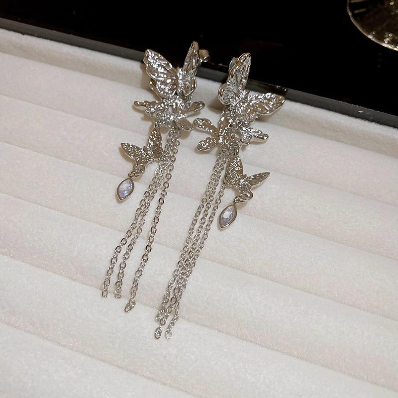Diamond butterfly flower fringed stud earrings niche earrings femininity earrings light luxury