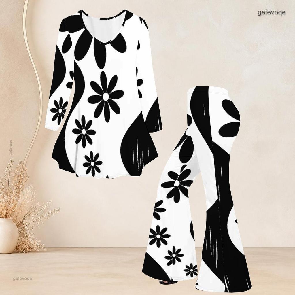 Women Plus Size Two Piece Set V Neck Three Quarter Sleeve Black White Printed Flared Top And Flared Pants
