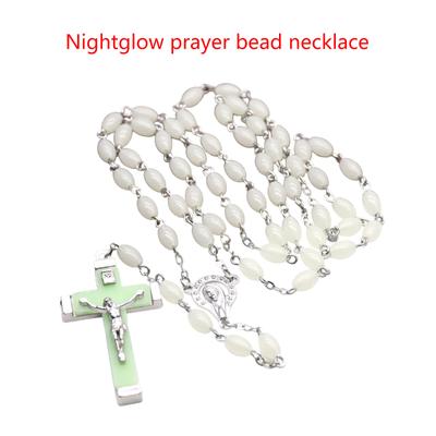 Catholic Beads Rosary Necklace with Luminous Cross Pendant Religious Jewelry for Christian Player Christening Meditation