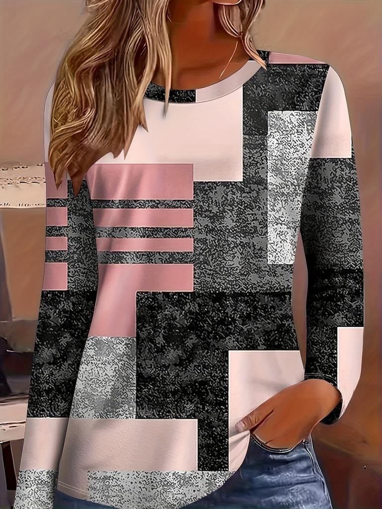 Fashion Women's Long Sleeve T-Shirts Geometric Splice 3D Printed Round Neck Fall Spring Tops Tees Oversized Women's Clothing