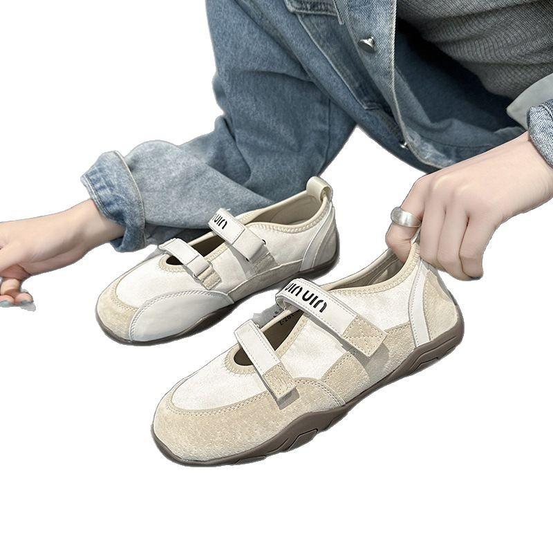 Leather Velcro Mary Jane shoes women's 2025 spring and summer Korean version hollow shallow mouth casual women's single shoes German training shoe