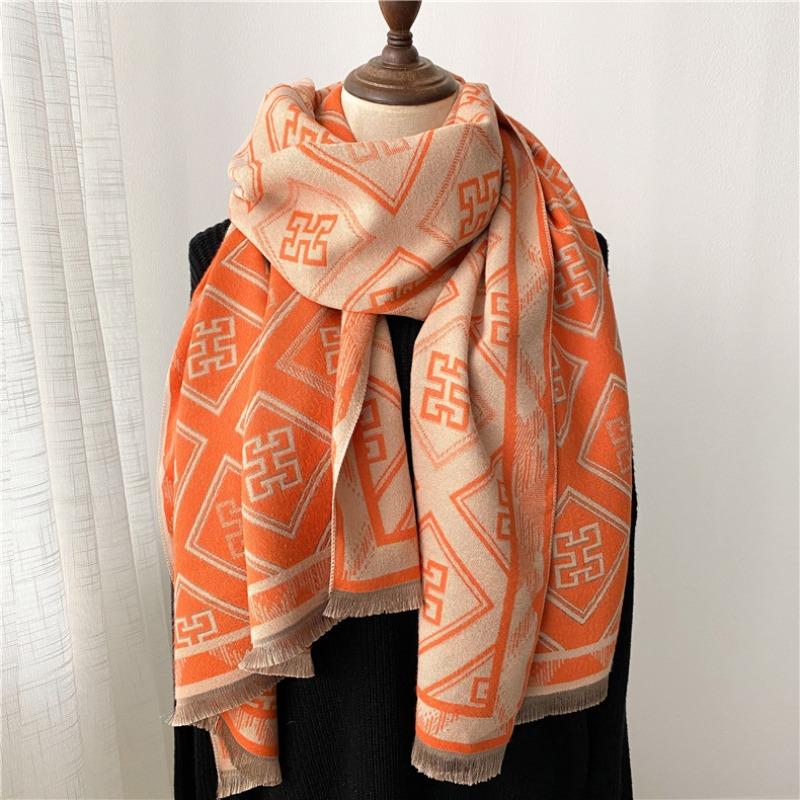 

Simple imitation cashmere scarf versatile warm shawl thickened short fringed scarf 180x65cm оранжевый
