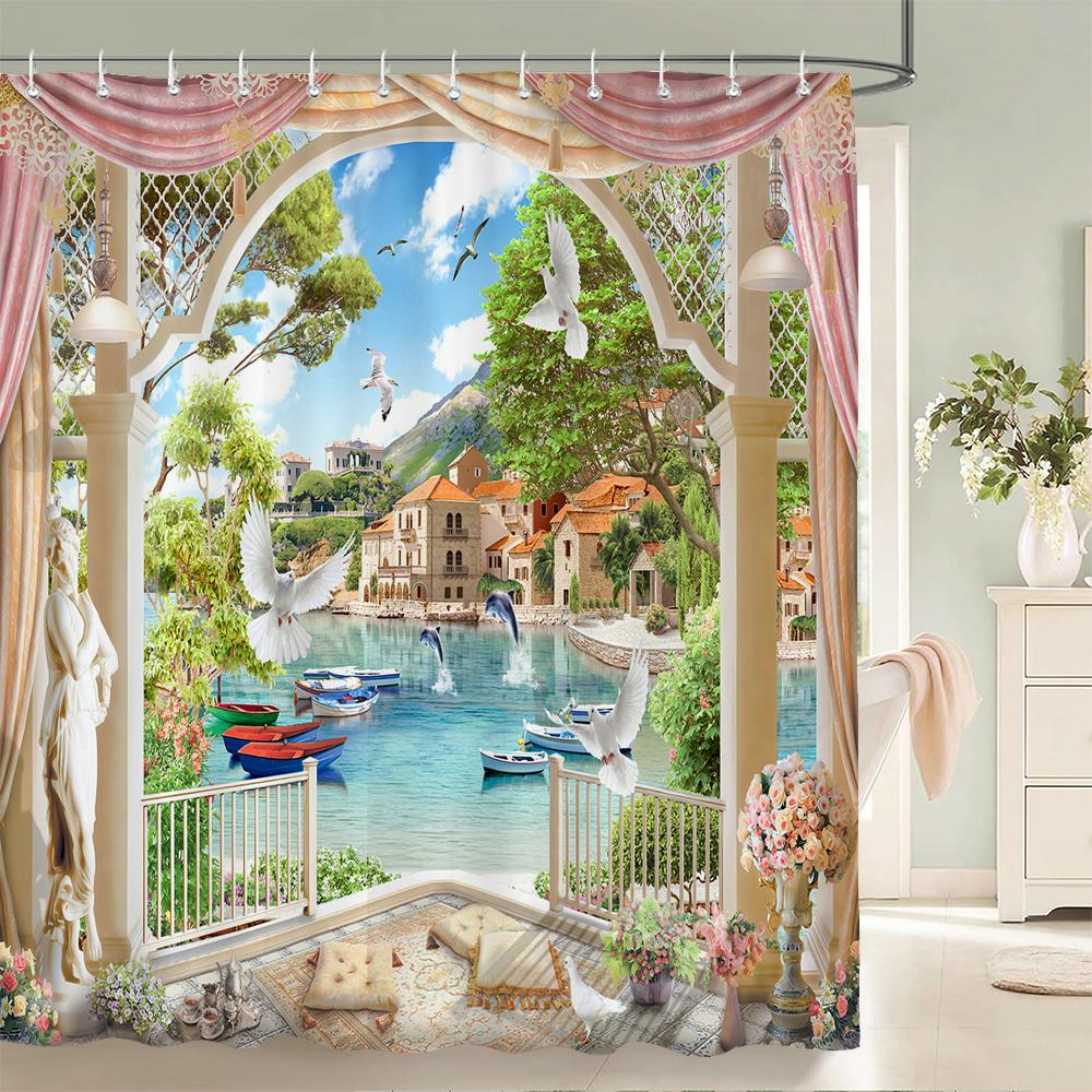 European Garden Patio Landscape Shower Curtains Beach Flowers Bathroom Curtain for Bathroom Polyester Waterproof Shower Curtain