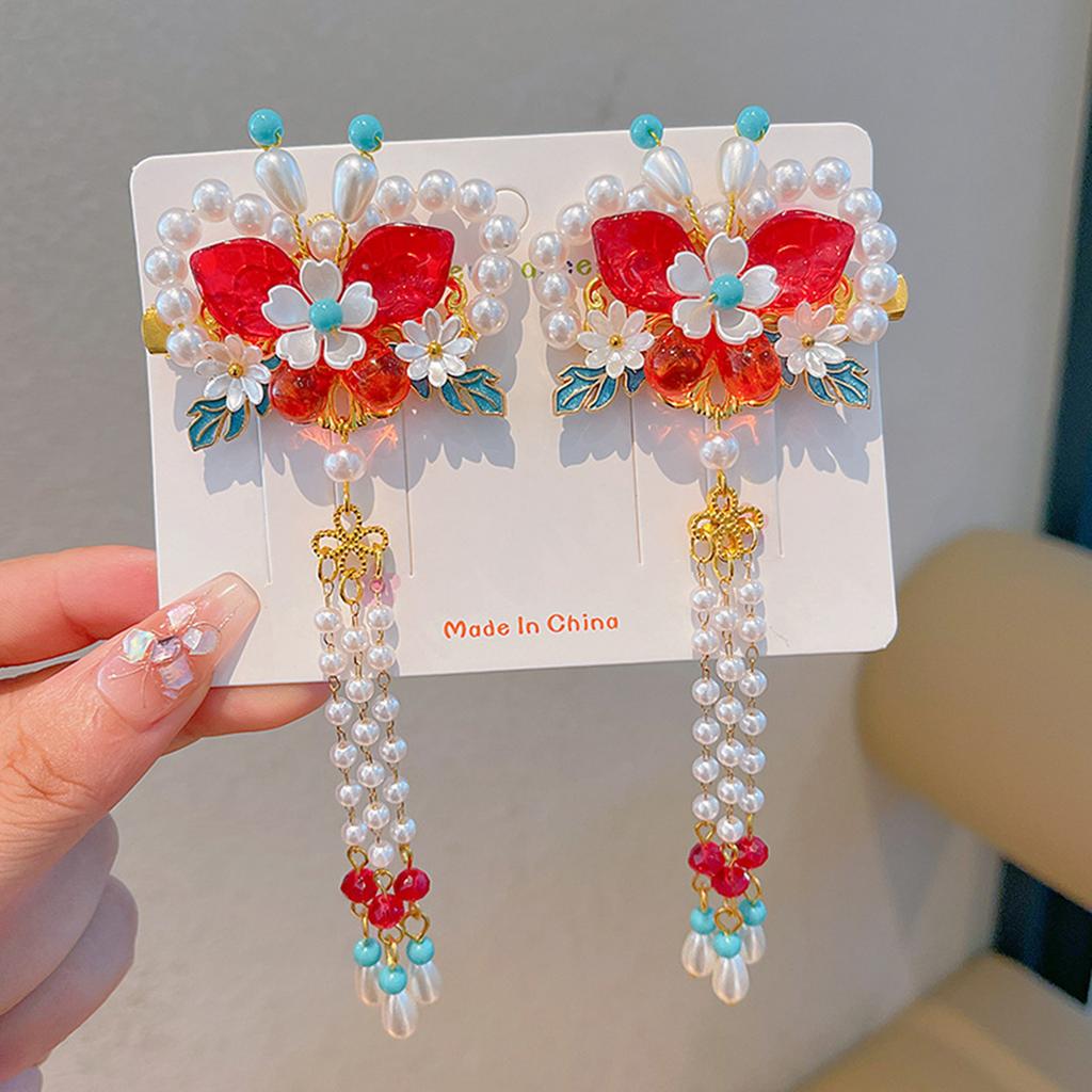 Chinese Style Flower Hair Clips Han Chinese Clothing Hair Clips with Tassel for Wedding Banquet Party Cheongsam