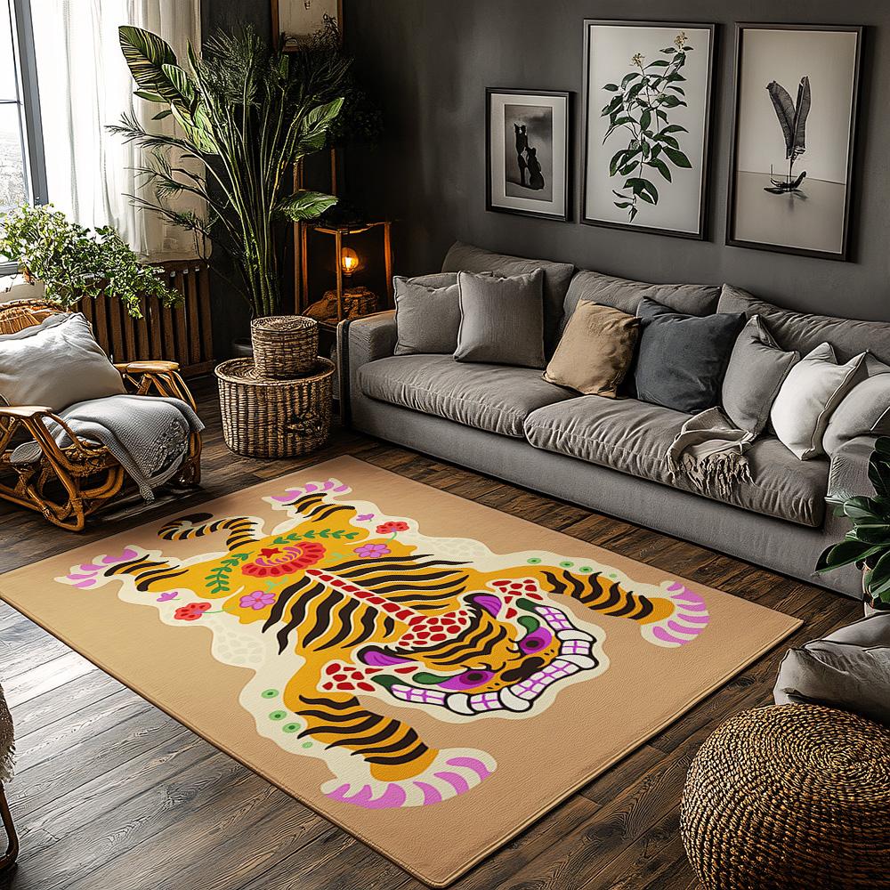 

Vibrant Tiger Print Area Rug, Multicolor Bohemian Carpet with Wild Pattern, Plush Non-Slip Living Room Mat for Bold Home Decor 50x80cm