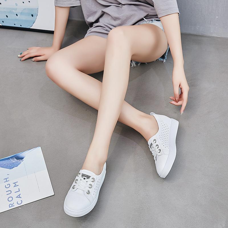 

Shallow mouth white shoes women s 2025 spring and summer thin breathable lace-up thick sole heightening leather surface low-top casual board shoes 34