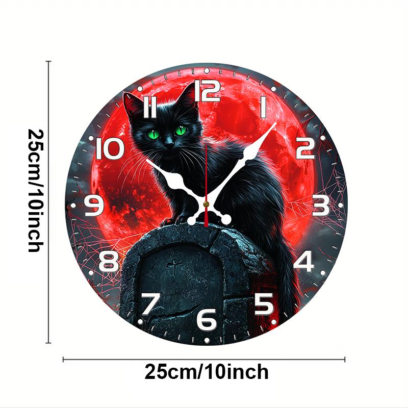 Cat Under Blood Moon Wooden Round Silent Hanging Wall Clock,Suitable For Living Room,Office,Study Room,Bedroom,Home Decoration