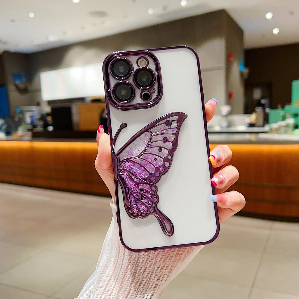 Suitable for IPhone16proMax Butterfly Sand Phone Case Electroplating 15 Apple 14 Full Cover Lens Film Protective Case