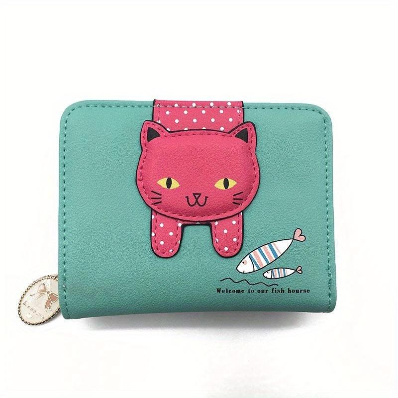 Adorable Cartoon Cat Design Women's Short Wallet with Zipper for Coins and Cards.