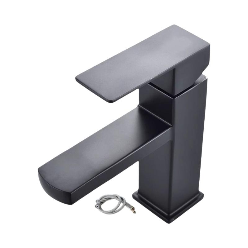 Square Bathroom Sink Faucet Modern Black Finish Single Handle Mixer Tap Hot Cold Water Control Corrosions Resistant