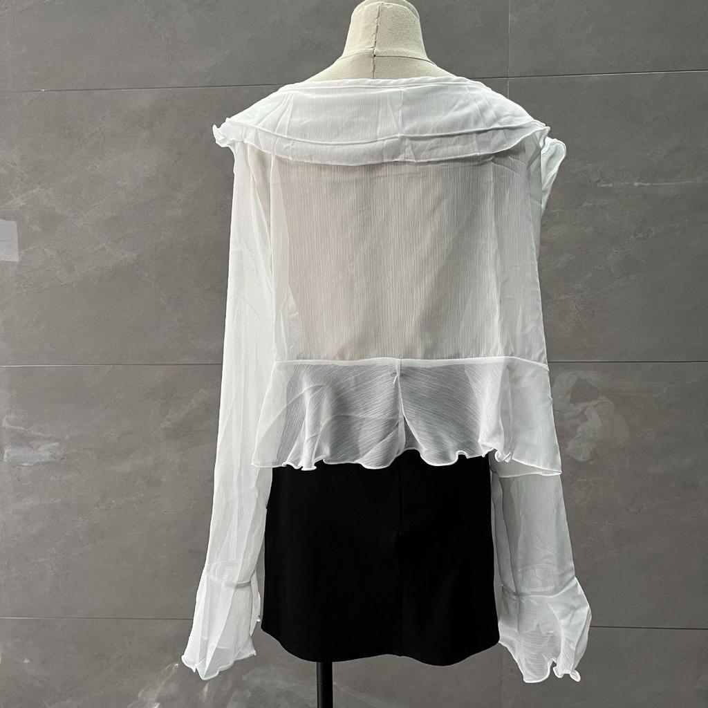 French V-Neck Ruffle Chiffon Blouse - Women's Summer Sun Protection Cardigan
