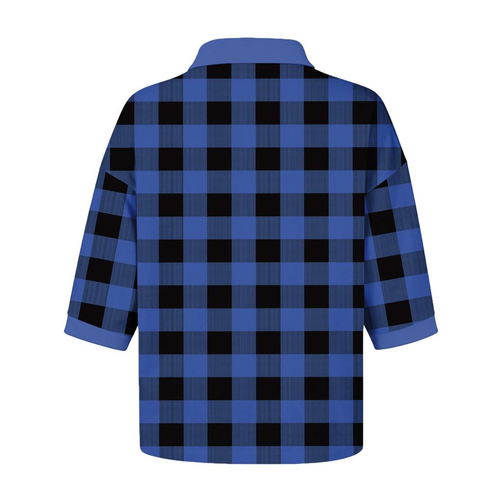 Blusa feminina moda verão casual gola V retalhos manga três quartos estampa xadrez