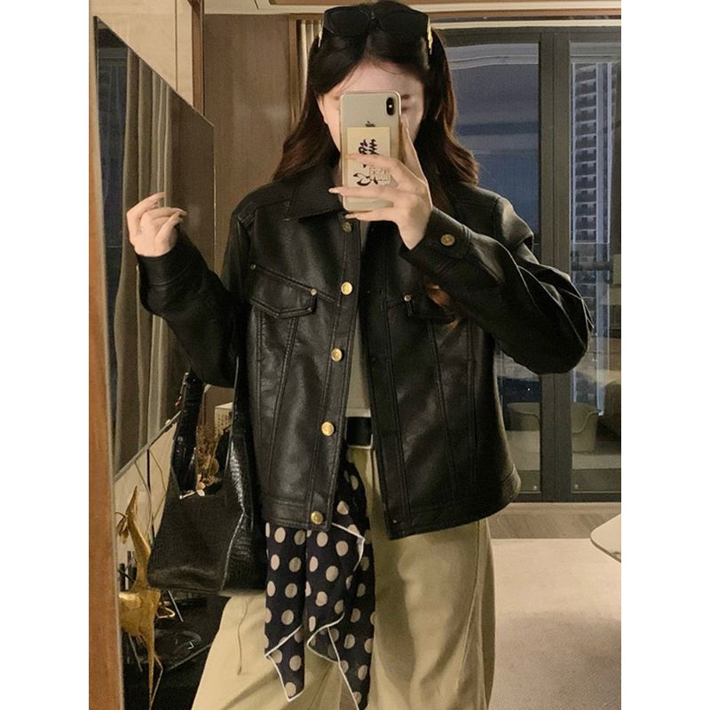 Kumikumi High Sense Retro Black Leather Coat Outerwear Women Autumn Loose Slimming Temperament Lapel Jacket Top