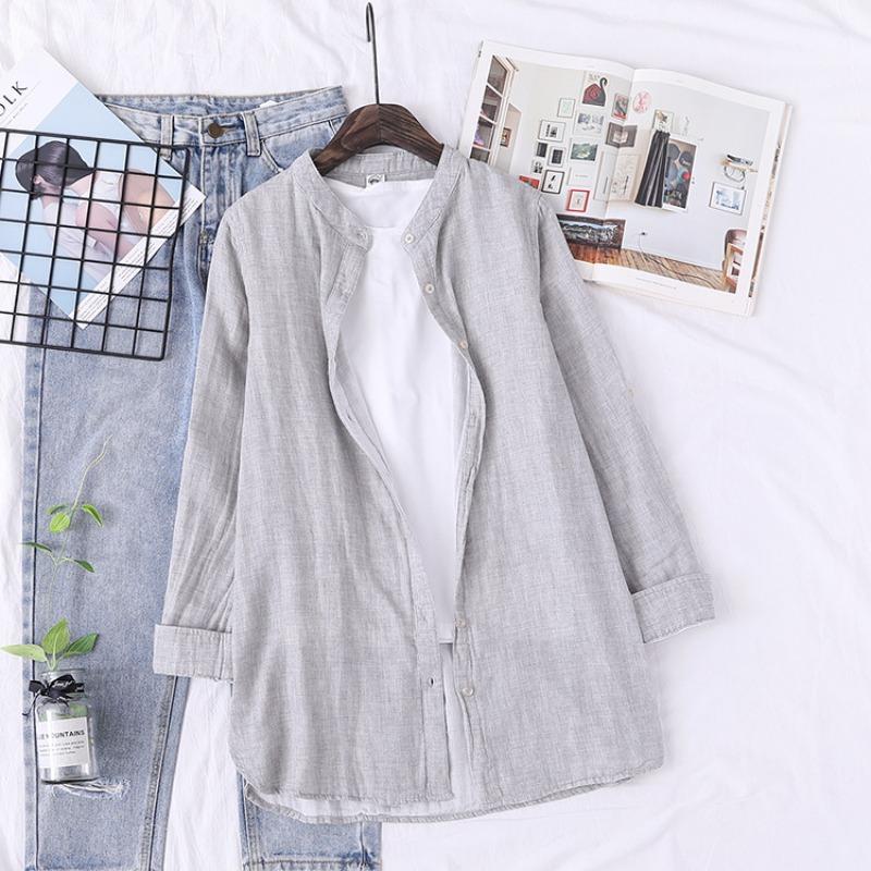 Camisa de Algodón Japonés de Primavera de Longitud Media para Mujer, Holgada e Informal