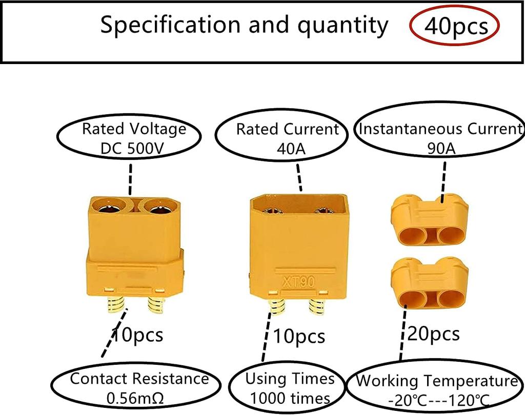 10 Pairs XT90H Male-Female Connectors with Wire Protector – 40A/90A Max – High Quality for RC Lipo Batteries – Yellow