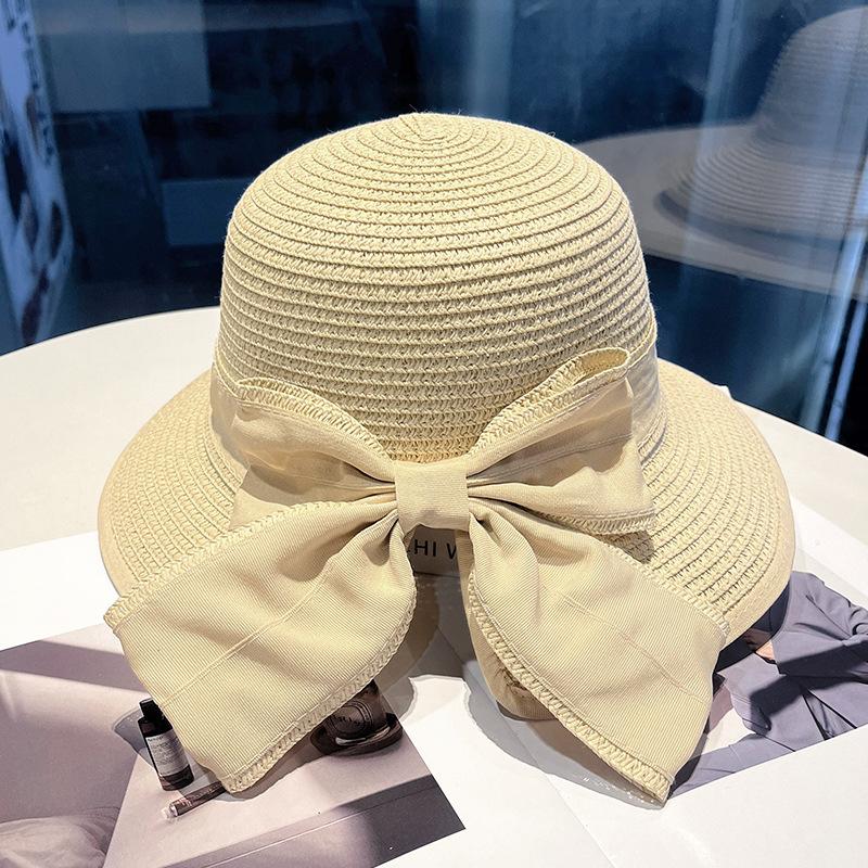 French Elegant Bow Straw Hat Fashion Versatile Sun Hat Women's Seaside Sun Hat Spring and Summer Big Eaves Sun Protection Hat