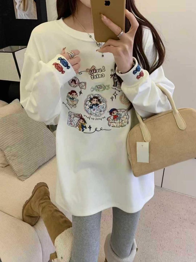 Thickened Brushed Long Sleeve White T-Shirt with Cartoon Embroidery, Autumn/Winter Korean Casual Style
