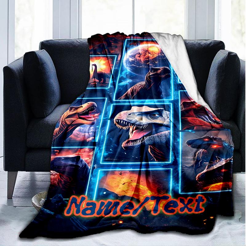 1PC Custom Name Dinosaur Fantasy World Outdooor Flannel Blankets Throw Blanket All-Season Throw Gift Bedspread for Couch, Bed, Camping Holiday Birthda