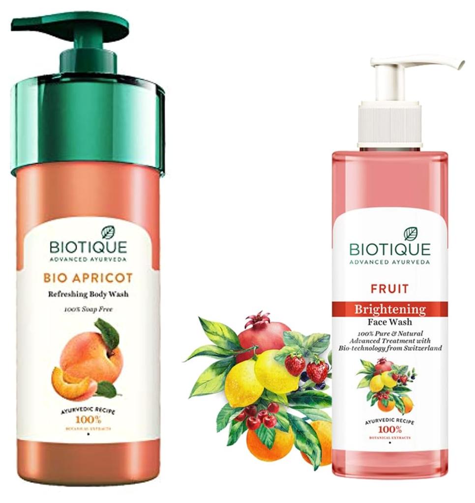 Biotique Bio Apricot Refreshing Body Wash, 800ml & Fruit Brightning Face Wash, 200ml